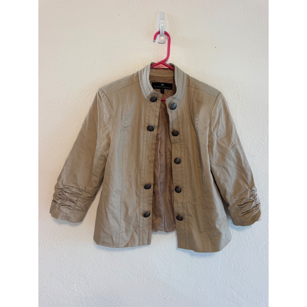 Madison Michelle Tan Khaki Military Crest Button Ruched Jacket M Missing Button